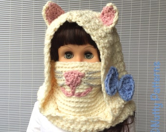 Crochet Patterns * Angora Cat Hooded Cowl * baby toddler child teen adult sizes * Instant Download Pattern # 482 * bulky * easy