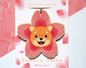 Sakura Shiba Wooden Keyring - Printed Illustration Birch Plywood Charm - Cute Cherry Blossom Dog Gloss Keychain Charm