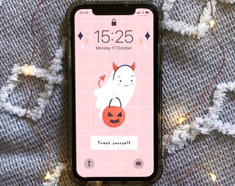 Treat Yourself Halloween Mobile Phone Background - Digital Wallpaper Download 1242px x 2208px - Cute Ghost Devil Costume Affirmation