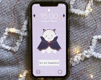 Fangtastic Halloween Mobile Phone Background - Digital Wallpaper Download 1242px x 2208px - Cute Ghost Vampire Costume Affirmation