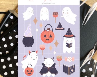 Spoooky Sticker Sheet - Ghost edition |  Halloween Kiss Cut Glossy Paper Illustration Stickers | Planner | Decoration | Pumpkin | Witch