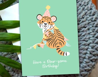 Have a Roarsome Birthday - A6 Tiger Green Handmade Greetings Card - Cute Pastel Animal