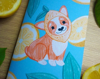 Lemon Doggo Illustrated Handmade A6 Ruled Notebook -  44 Lined Paper Pages Blue Note Book With A Cute Dog