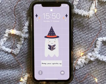 Keep Your Spirits Up Halloween Mobile Phone Background - Digital Wallpaper Download 1242px x 2208px - Cute Ghost Witch Costume Affirmation