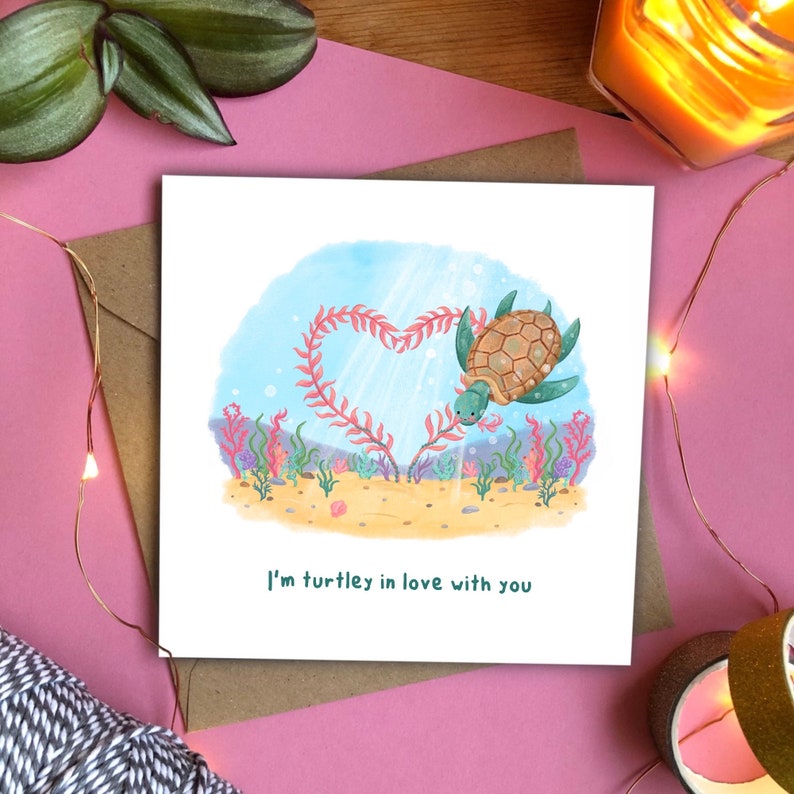 Estoy Turtley enamorado de ti Tarjeta cuadrada del día de San Valentín Carta de amor Linda tarjeta de felicitación de tortuga animal imagen 1