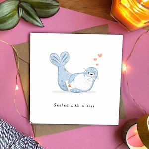 Sealed with a Kiss Square Valentines Day / Miss You / Thinking of You Cute Animal Seal Greetings Card Love Letter image 1