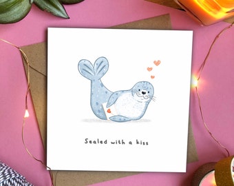 Sealed with a Kiss - Square Valentine’s Day / Miss You / Thinking of You - Cute Animal Seal Greetings Card Love Letter