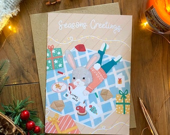 Seasons Greetings Illustrated Christmas Card - Winter Woodland Festive Animals - A6 with Kraft Envelope - Bunny Rabbit Drawing