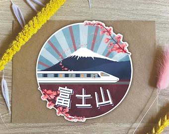 Shibas on the Shinkansen - Mt. Fuji, Japan Vinyl Sticker | Die-cut Glossy Water Bottle Laptop Illustration Sticker