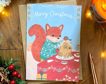 Merry Christmas Illustrated Christmas Card - Winter Woodland Festive Animals - A6 with Kraft Envelope - Squirrel Baking Gingerbread