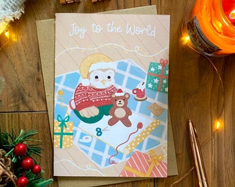 Joy to the World Illustrated Christmas Card - Winter Woodland Festive Animals - A6 with Kraft Envelope - Owl Wrapping Presents