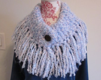 Baby blue tassel knitted collarwith button/ slouchy turtle neck/handmade in Canada