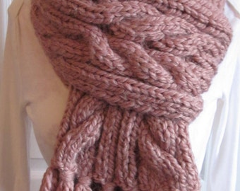 Rose pink beige wool acrylic cable chunky thick muffler with tassels/cozy scarf/neck shoulder warmer/handmade wrap/made in Canada