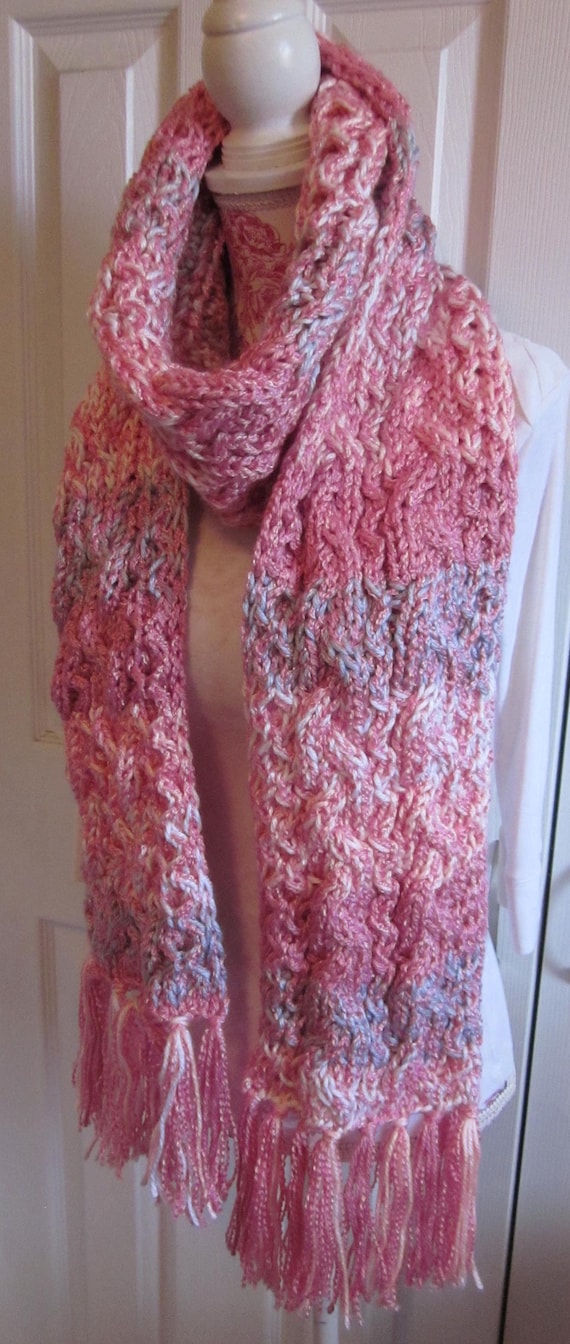 Pink pear white gray cable tassel acrylic mixed fibers thick long  muffler/knit accessories/handmade in Canada