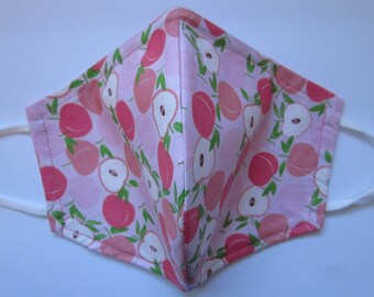 Peach pattern  3 layers filter pocket easy breath reuse washable cotton mask/adjustable ear loop/nose wire/Made in Canada