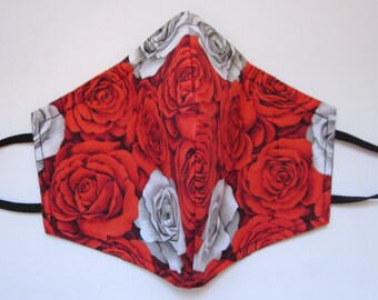 Red romantic roses 3 layers cotton with filter pocket washable reusable easy breath thin mask/nose wire/adjustable ear loop/made in Canada