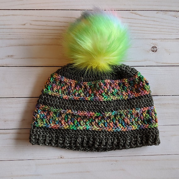Handmade Green Crochet Slochy Pom Pom Beanie Hat‎ Mermaid Waves Crochet Hat Pattern (baby to Adult): Slouchy  main image 3