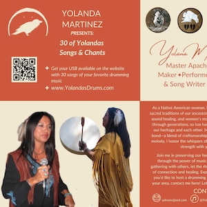 Puede incluir: Yolanda Martinez, una mujer nativa americana, presenta 30 de sus canciones y cantos en una unidad USB. Ella es una Maestra en la fabricación de tambores Apache, intérprete, cantante, compositora y autora. La imagen incluye un código QR, una dirección de sitio web y una dirección de correo electrónico de contacto.