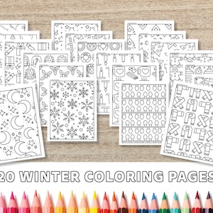 Può includere: Una collezione di 20 pagine da colorare a tema invernale con vari disegni, tra cui ornamenti, fiocchi di neve e sciarpe. Le pagine in bianco e nero sono pronte per essere colorate. Il testo "20 WINTER COLORING PAGES" è visualizzato in basso.