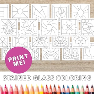 May include: A collection of twenty square coloring pages featuring black and white stained glass patterns, including geometric shapes, flowers, and hearts. A pink circle with the text PRINT ME! is visible, and the text STAINED GLASS COLORING appears below the pages, accompanied by a row of colored pencils.