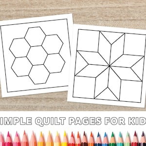 May include: Two white square pages with black line drawings of quilt patterns. One features a honeycomb design, the other a starburst. The text "SIMPLE QUILT PAGES FOR KIDS" is below the pages, with colored pencils at the bottom.