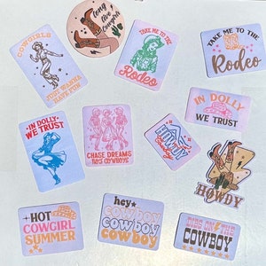 May include: A set of 11 colorful stickers with various cowboy and cowgirl themed designs. The stickers feature phrases like "Cowgirls", "Just Wanna Have Fun", "In Dolly We Trust", "Howdy Cowboy", "Chase Dreams Not Cowboys", "Hot Cowgirl Summer", "Hey Cowboy Cowboy Cowboy", "Dibs On The Cowboy", "Take Me To The Rodeo", and "Take Me To The Rodeo".