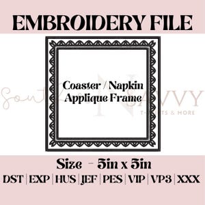 Fancy Square 5x5 Coaster & Napkin Appliqué Embroidery File | Instant Download | In the Hoop | Machine Applique | dst jef pes vp3 xxx exp