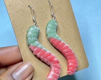 Handmade polymer clay sour gummy worm earrings, gummy worms, polymer clay jewelry, realistic fake food, statement jewelry, candy, 2 pcs