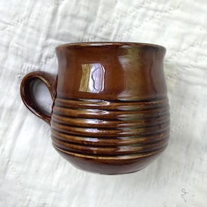 Hall China Pottery Mug: Vintage Brown Drip Glaze Ribbed Coffee Cup USA