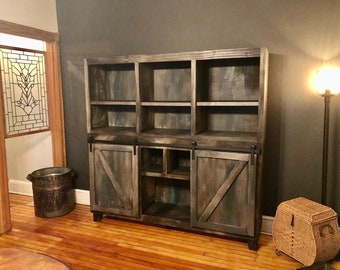 FREE SHIPPING!! Handcrafted Modern Rustic Farmhouse Hutch Cabinet/Coffee Bar/ Wine Bar with Barn Doors Distressed, Real Wood.