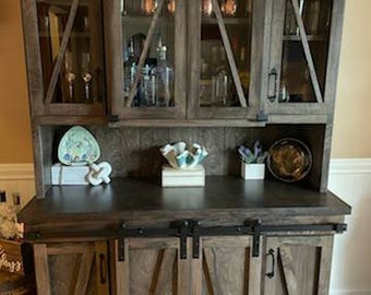 FREE shipping!! Premium Handcrafted Modern Rustic Farmhouse Hutch Cabinet/Coffee Bar/ Wine Bar with Barn Doors. Real Wood. STUNNING PIECE!