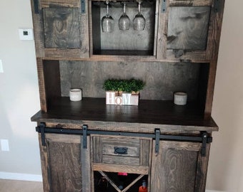 FREE SHIPPING!! Handcrafted Modern Rustic Farmhouse Hutch Cabinet/Coffee Bar/Wine Bar with Barn Doors. kitchen, dining. Real Wood