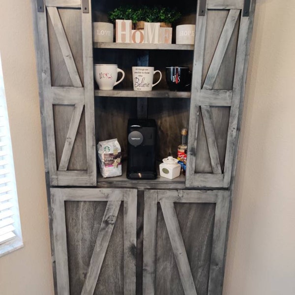 FREE SHIPPING! Handcrafted Farmhouse Furniture, Modern Rustic Corner Cabinet, Hutch, Coffee Bar, Wine Bar w/Barn Doors in Aqua.