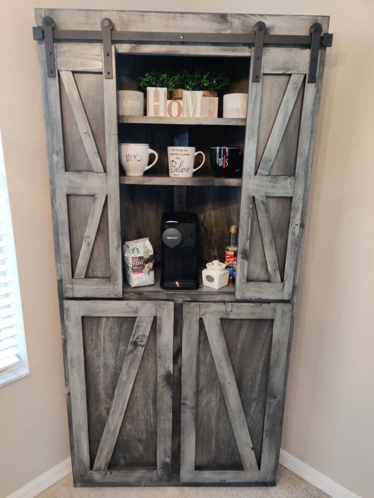 FREE SHIPPING! Handcrafted Farmhouse Furniture, Modern Rustic Corner Buffet Cabinet, Hutch, Coffee Bar, Wine Bar, with Barn Doors.