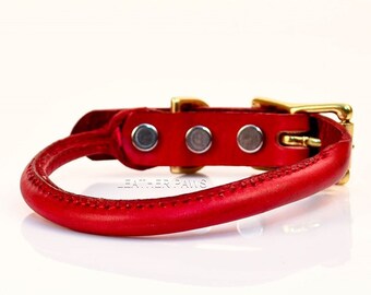 LPNY Rolly Red Roll Leather Dog Collar, Rolled Real Leather With Gold Brass Buckle For Extra Small, Small Puppies, Round