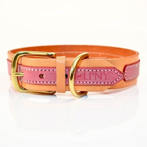 LPNY Sand Pink Leather Dog Collar, Made With Real Leather, Gold Metal Buckle, Pink Accent, 1.5&quot; Wide, Sturdy and Strong, For Large Breeds