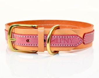LPNY zandroze leren hondenhalsband, gemaakt van echt leer, gouden metalen gesp, roze accent, 1,5" breed, stevig en sterk, voor grote rassen
