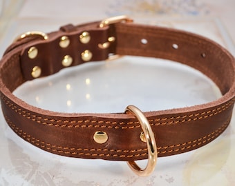 Leather Dog Collar in Chestnut Mahogany Reddish Brown Real Genuine Leather With Dual Stitching Medium to Large -  15" to 26" Neck
