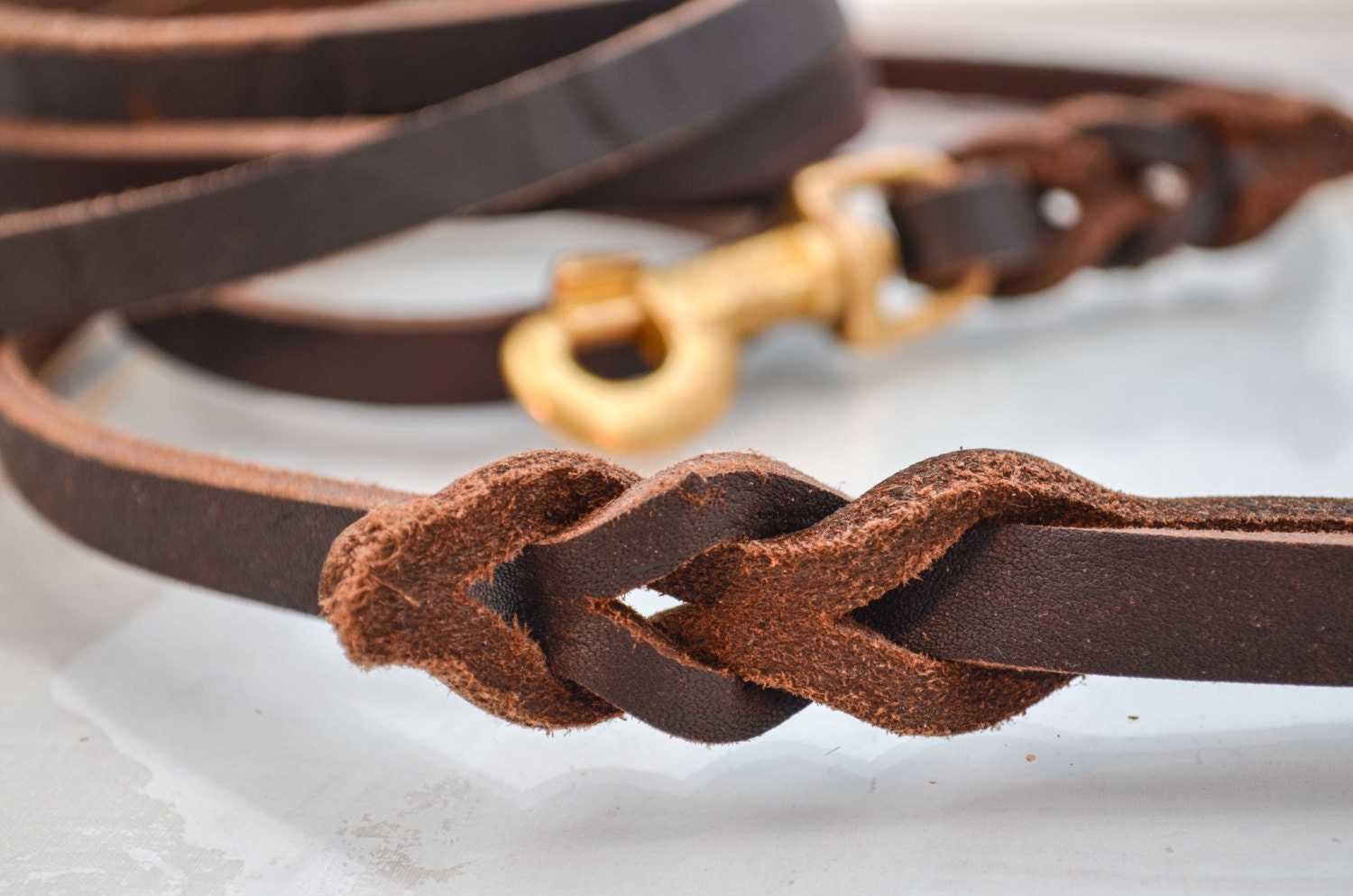 Braid Leather Dog Leash or Lead Real Genuine Leather Dark Brown Braided  Leather and Heavy-duty Brass Clasp Featuring 'love Knot' 