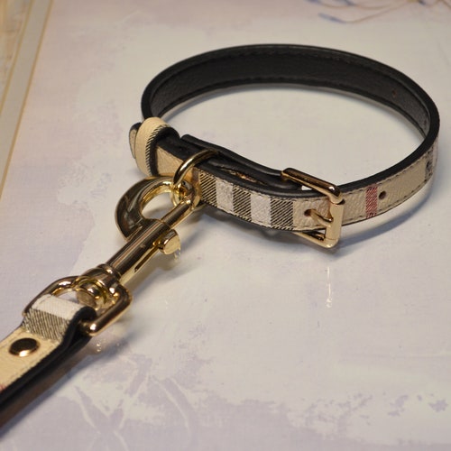 Small Medium Large Leather Dog Collar in Plaid Beige Black - Etsy