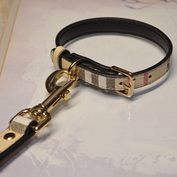 Beige wit zwart leren halsband en riemset voor alle honden