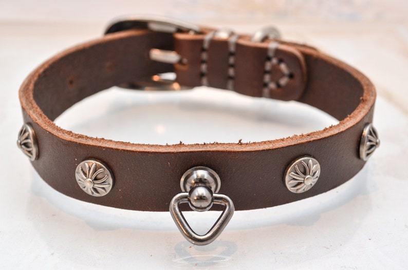 Op de afbeelding: Een bruine leren hondenriem met zilveren metalen accenten. De riem heeft een decoratief bloemmotief op de metalen accenten en een zilveren metalen D-ring.