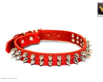 Verstelbare rode leren hondenhalsband gemaakt van roestvrij zilver scherpe spikes gesp en leer voor kleine tot grote rassen van 12 tot 27 inch