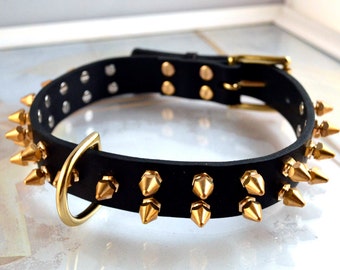 Leren hondenhalsband met stekels, gemaakt van sterk zwart echt leer en roestvrij goudmessing studs voor middelgrote tot grote hondenrassen