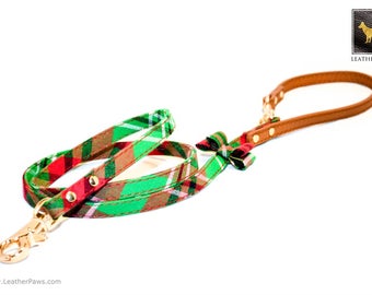 Kerstmis leder hondenriem, lederen poten tuin Plaid strikje lederen hondenriem of lood of lead, Premium hand gemaakt, echt leder, groen
