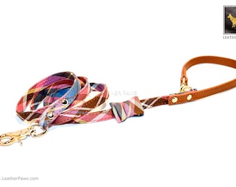 Leather Paws Universe geruite vlinderdas lederen hondenriem of riem, premium handgemaakt, echt echt leer, paars, X-Small kleine middelgrote rassen