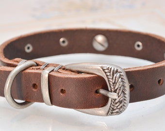 Donker bruin bezaaid lederen halsband voor kleine tot middelgrote hondenrassen met unieke gespen-11 "tot 15"
