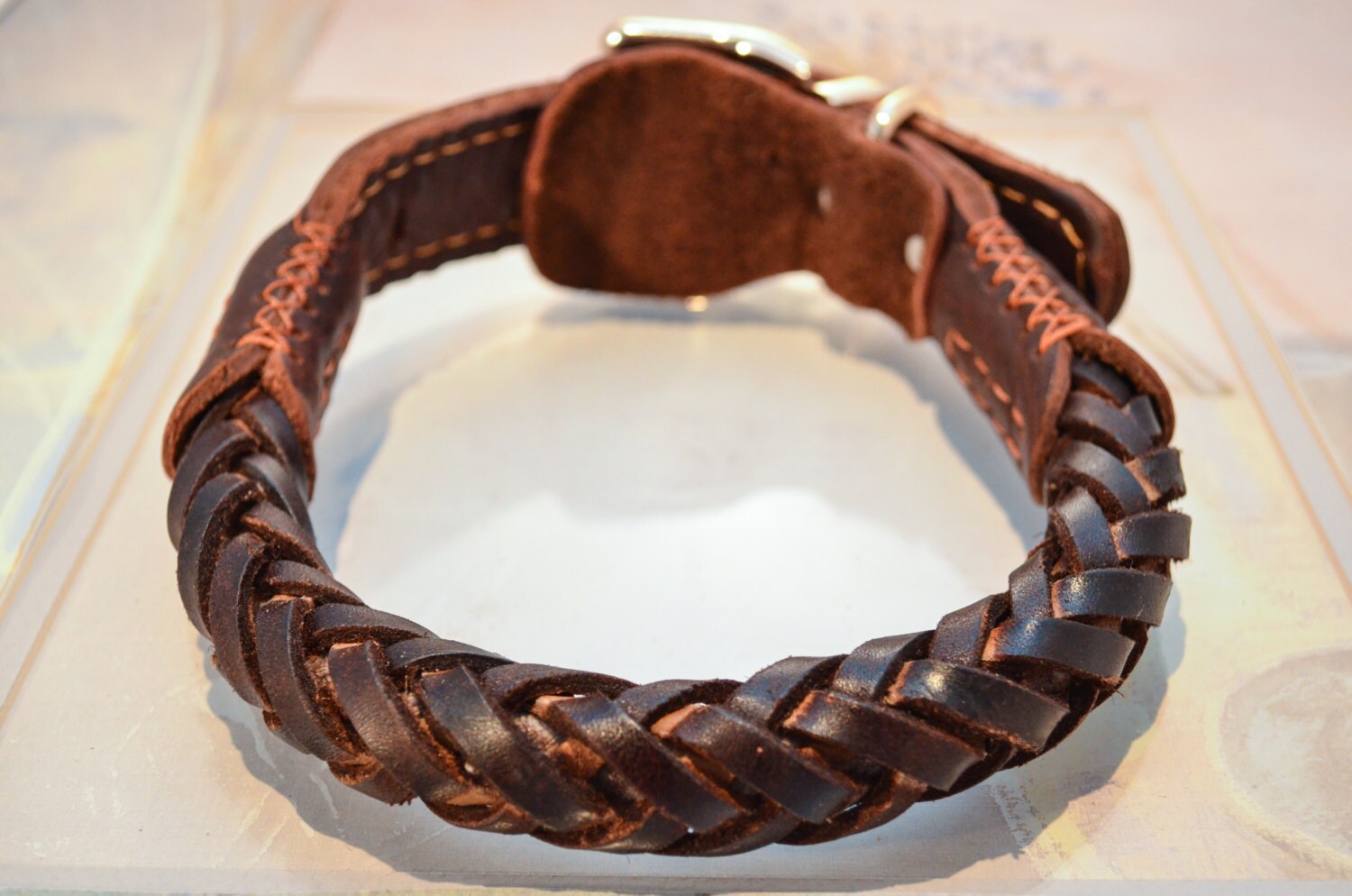 Black Braided Real Genuine Leather Dog Collars 17 to