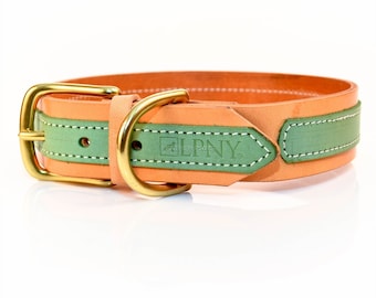 LPNY Sand Lime lederen halsband, gemaakt van echt leer, gouden metalen gesp, groen accent, 1,5" breed, stevig en sterk, voor grote rassen