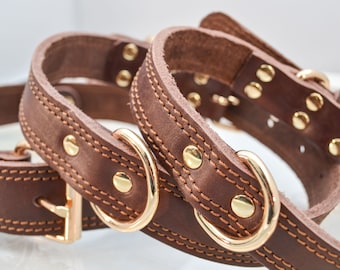 Leather Dog Collar in Chestnut Mahogany Reddish Brown Real Genuine Leather With Dual Stitching Medium to Large -  15" to 26" Neck